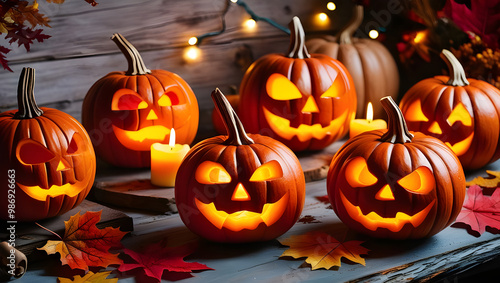 Rustic Charm Meets Spooky Halloween Pumpkins. Glowing Faces of Halloween on a Wooden Table photo