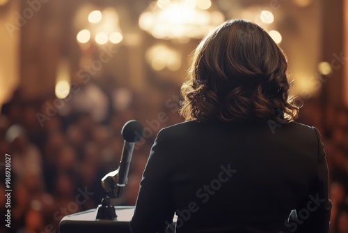 woman speaking at conference with microphone,  view from behind