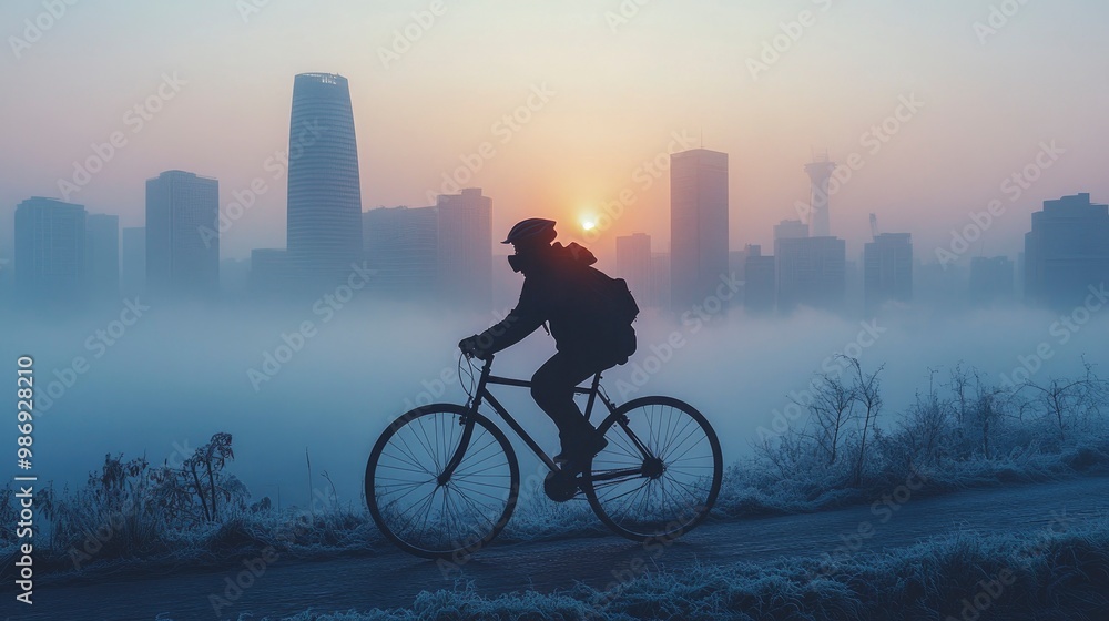 Obraz premium A silhouette of a cyclist riding through a dense urban fog, with the city skyline barely visible through the haze. The air appears thick and polluted, and the cyclist is wearing a mask, emphasizing