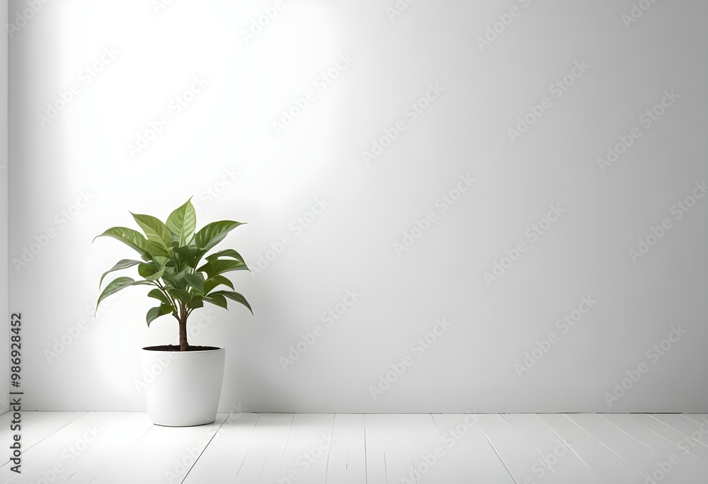 A potted plant with green leaves on a white table against a plain white wall. A potted plant with green leaves on a white table against a plain white wall.