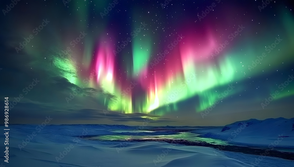 The Northern Lights illuminating the night sky with shades of green, pink, and purple over a snow-covered landscape The Northern Lights illuminating the night sky with shades of green, pink, and purple over a snow-covered landscape