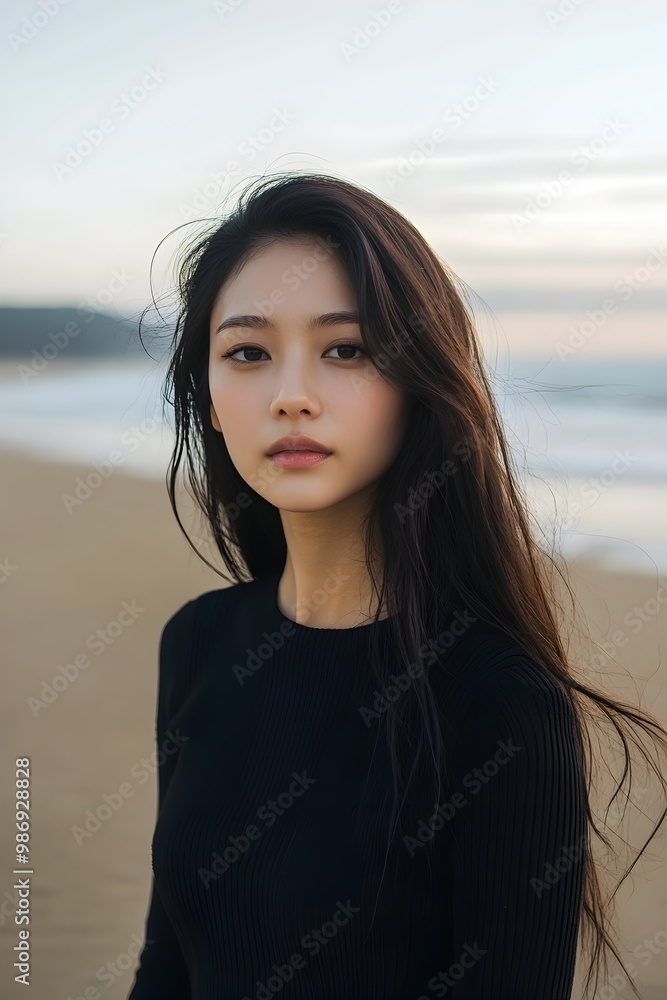 Serene Portrait of Young Asian Woman Admiring Tranquil Oceanfront Scenery at Sunset Serene Portrait of Young Asian Woman Admiring Tranquil Oceanfront Scenery at Sunset