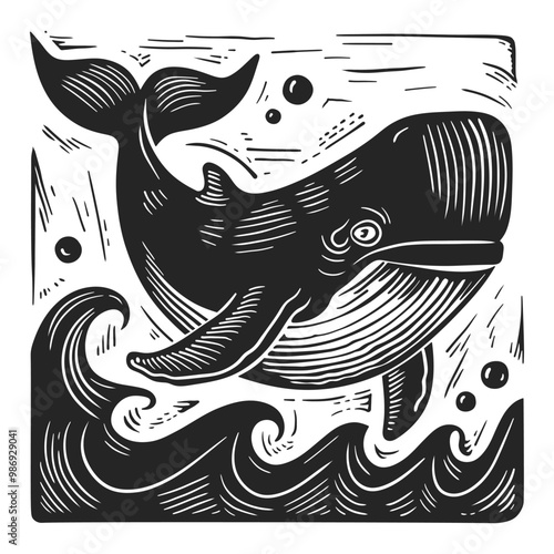 A black and white woodcut illustration of a whale leaping through waves
