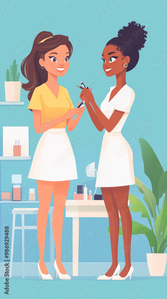 Beautician showing makeup products to customer in beauty shop Beautician showing makeup products to customer in beauty shop