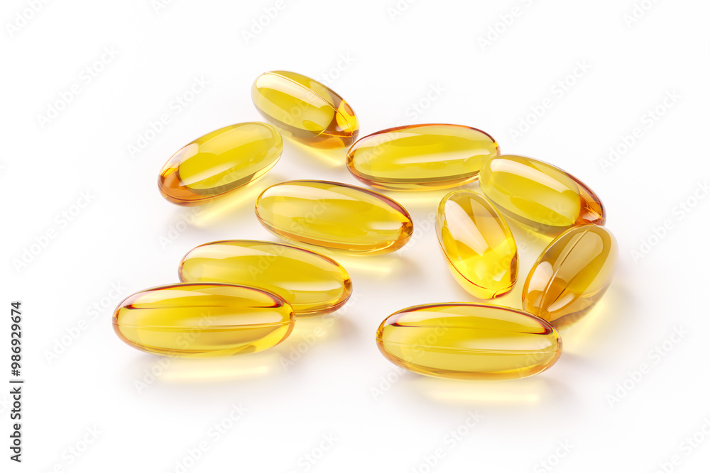 Omega-3 capsules isolated on transparent or white background. Omega 3 Fish oil in yellow capsules Omega-3 capsules isolated on transparent or white background. Omega 3 Fish oil in yellow capsules