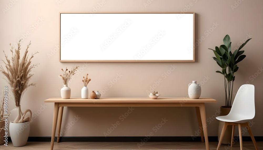 A modern minimalist living room with a large white framed mirror hanging on the wall above a wooden console table. A modern minimalist living room with a large white framed mirror hanging on the wall above a wooden console table.