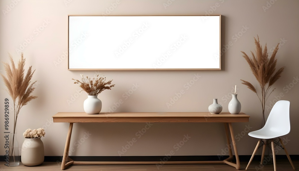 A modern minimalist living room with a large white framed mirror hanging on the wall above a wooden console table. A modern minimalist living room with a large white framed mirror hanging on the wall above a wooden console table.