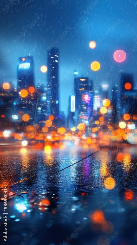 Fototapeta premium Futuristic city skyline at night, neon lights reflecting off glass skyscrapers