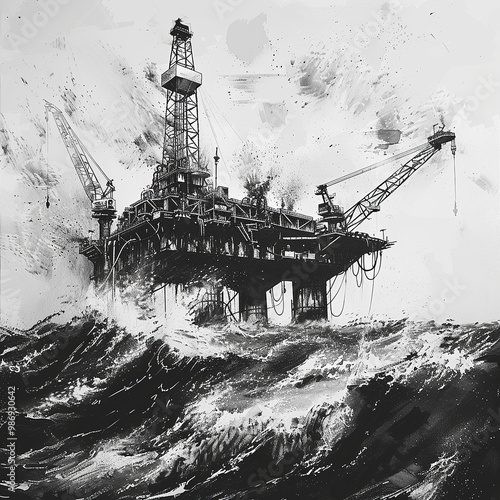 Dark Realities: Oil Rig in Turbulent Seas Amid Fossil Fuel Challenges