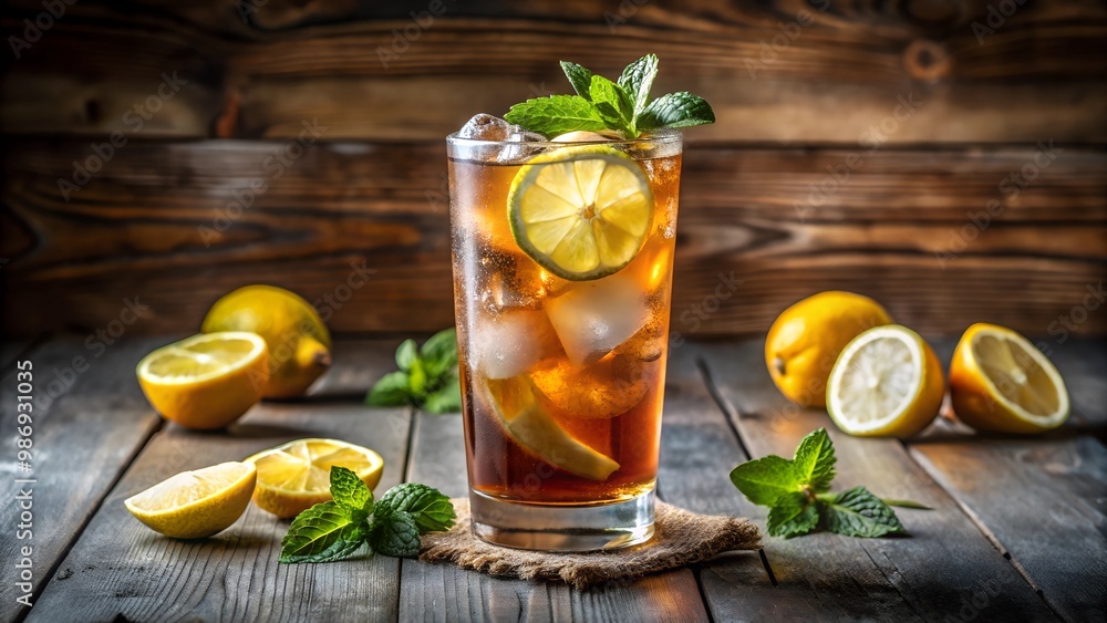 Refreshing Glass of Iced Tea With Lemon Slices and Mint Leaves on Rustic Wooden Surface. long island iced tea Refreshing Glass of Iced Tea With Lemon Slices and Mint Leaves on Rustic Wooden Surface. long island iced tea