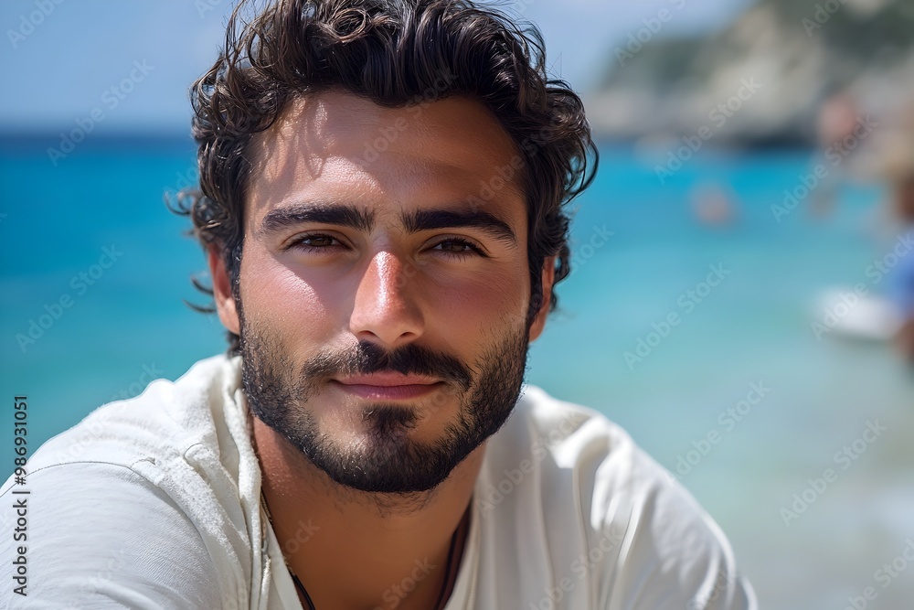 Handsome Caucasian Man with Curly Hair in Serene Oceanfront Setting Handsome Caucasian Man with Curly Hair in Serene Oceanfront Setting