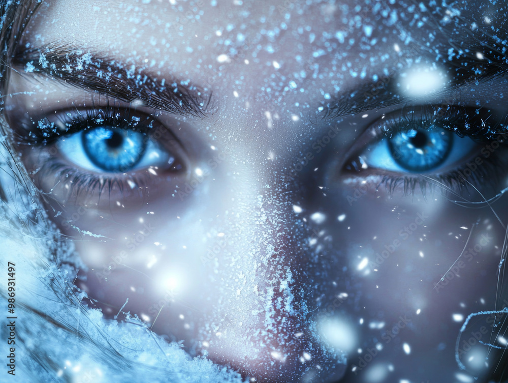 A woman's face is covered in snow, but her eyes are still blue A woman's face is covered in snow, but her eyes are still blue