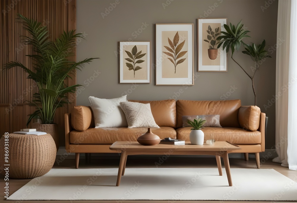 A modern living room with a tan leather sofa, wooden coffee table, and decorative elements like framed artwork and a potted plant. A modern living room with a tan leather sofa, wooden coffee table, and decorative elements like framed artwork and a potted plant.