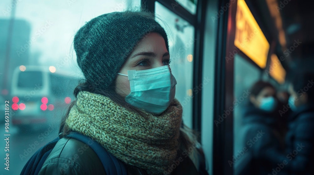A public transit bus with passengers wearing masks and the exterior view obscured by a dense haze. The scene reflects the impact of PM2.5 pollution on public transportation. A public transit bus with passengers wearing masks and the exterior view obscured by a dense haze. The scene reflects the impact of PM2.5 pollution on public transportation.
