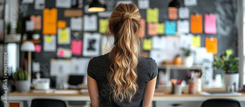 Back view of a thoughtful woman looking at sticky notes on wall in the office, a woman on the background of a wall of stickers, Creative brainstorming session with colorful sticky notes on glass. 