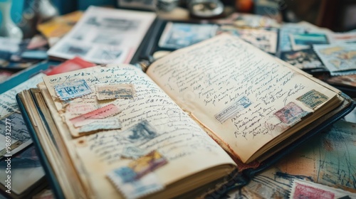 A close-up of a travel journal filled with handwritten memories, sketches, and stamps from different countries.