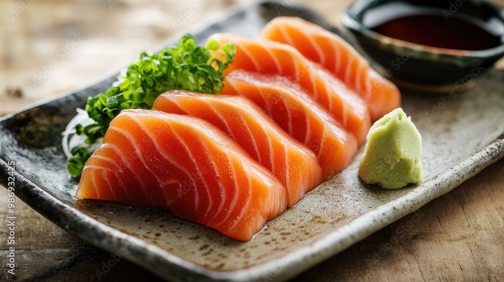 A close-up of fresh sashimi slices arranged delicately on a ceramic plate, with wasabi and soy sauce on the side. A close-up of fresh sashimi slices arranged delicately on a ceramic plate, with wasabi and soy sauce on the side.