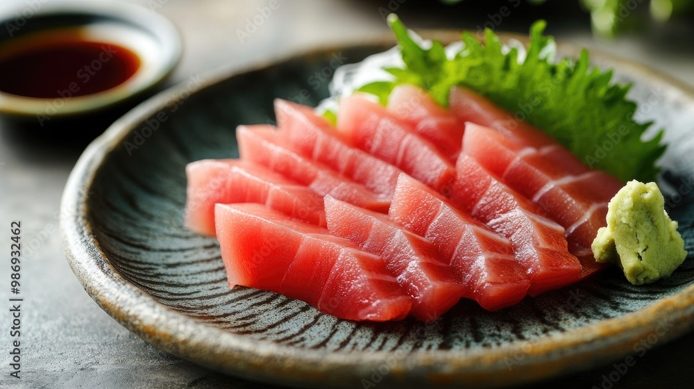 A close-up of fresh sashimi slices arranged delicately on a ceramic plate, with wasabi and soy sauce on the side. A close-up of fresh sashimi slices arranged delicately on a ceramic plate, with wasabi and soy sauce on the side.