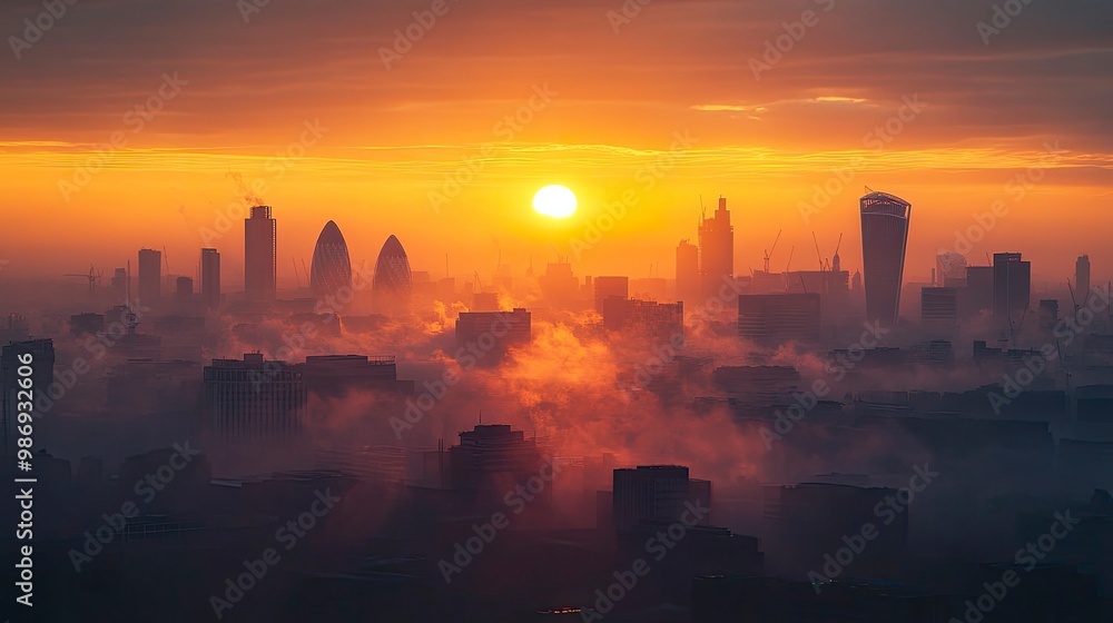 A cityscape at sunrise with the skyline barely visible through a thick layer of smog. The sun casts a muted orange light through the haze, creating a dramatic effect. A cityscape at sunrise with the skyline barely visible through a thick layer of smog. The sun casts a muted orange light through the haze, creating a dramatic effect.
