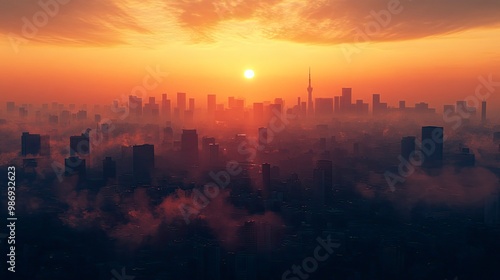 A cityscape at sunrise with the skyline barely visible through a thick layer of smog. The sun casts a muted orange light through the haze, creating a dramatic effect.