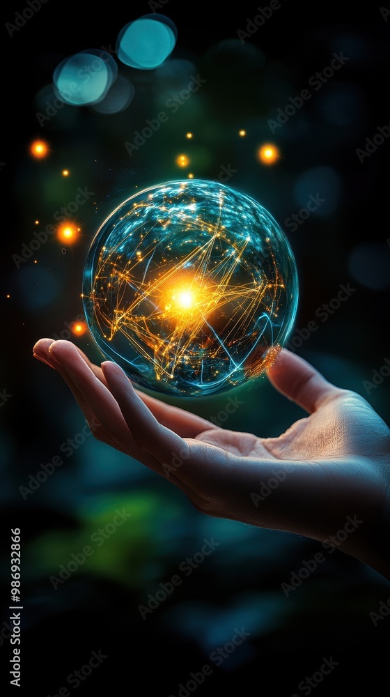 Fototapeta premium Close-up of a hand reaching for a floating, glowing orb, mystical and serene