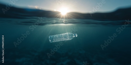 A discarded plastic bottle floating on ocean water highlighting environmental pollution and its effects on marine life. photo