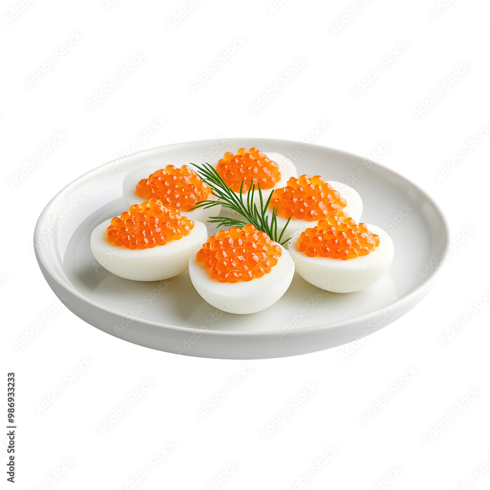Gourmet deviled eggs with red caviar and dill on white plate Gourmet deviled eggs with red caviar and dill on white plate