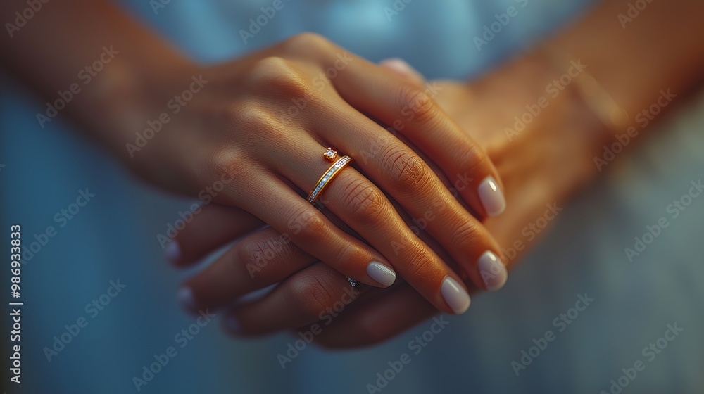 Close-up of elegant hands showcasing a delicate gold engagement ring with a sparkling diamond, the soft lighting and focus on the ring create a romantic and timeless moment Close-up of elegant hands showcasing a delicate gold engagement ring with a sparkling diamond, the soft lighting and focus on the ring create a romantic and timeless moment