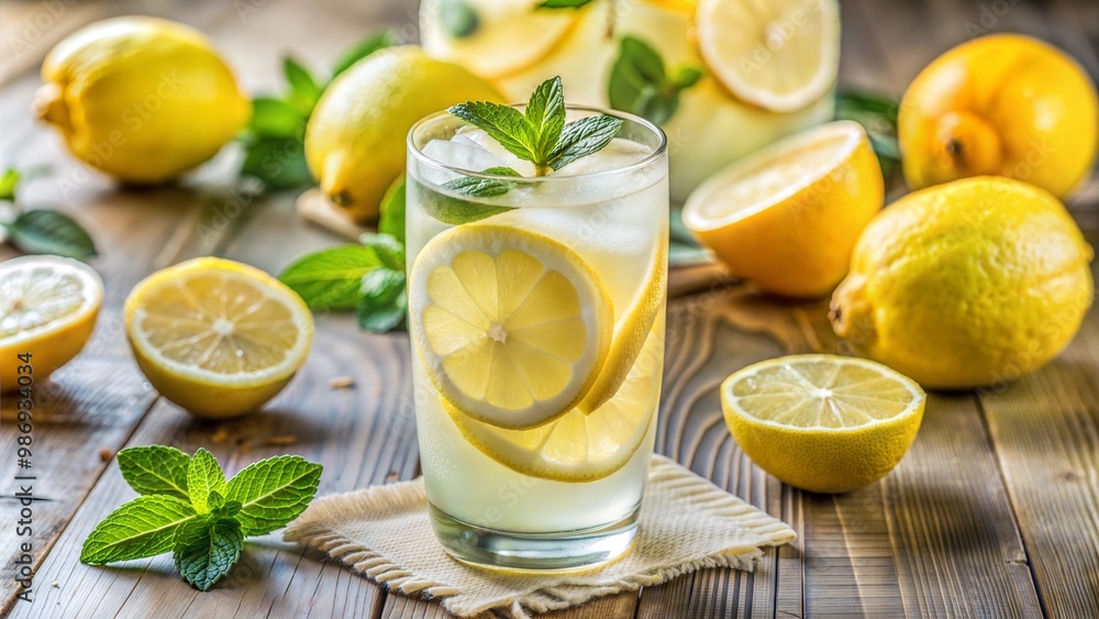 Refreshing Glass of Lemonade With Lemon Slices and Mint Sprig on Wooden Surface, lemon spritzer
Refreshing Glass of Lemonade With Lemon Slices and Mint Sprig on Wooden Surface, lemon spritzer