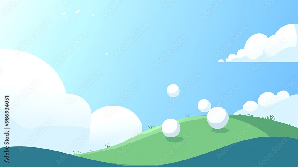 Fototapeta premium A serene landscape featuring rolling hills, green grass, and fluffy clouds under a clear blue sky, perfect for relaxation.