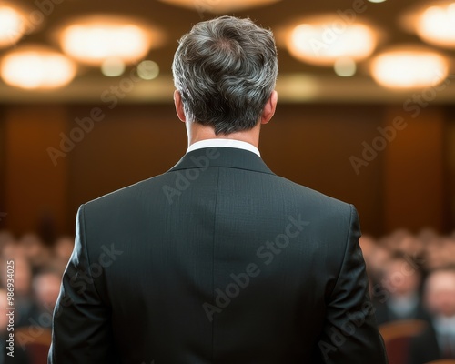 A focused businessman speaking to an engaged audience at a conference, embodying leadership and professionalism.