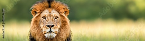 A majestic lion stands confidently in a grassy field, showcasing its powerful presence and striking mane against a blurred backdrop.