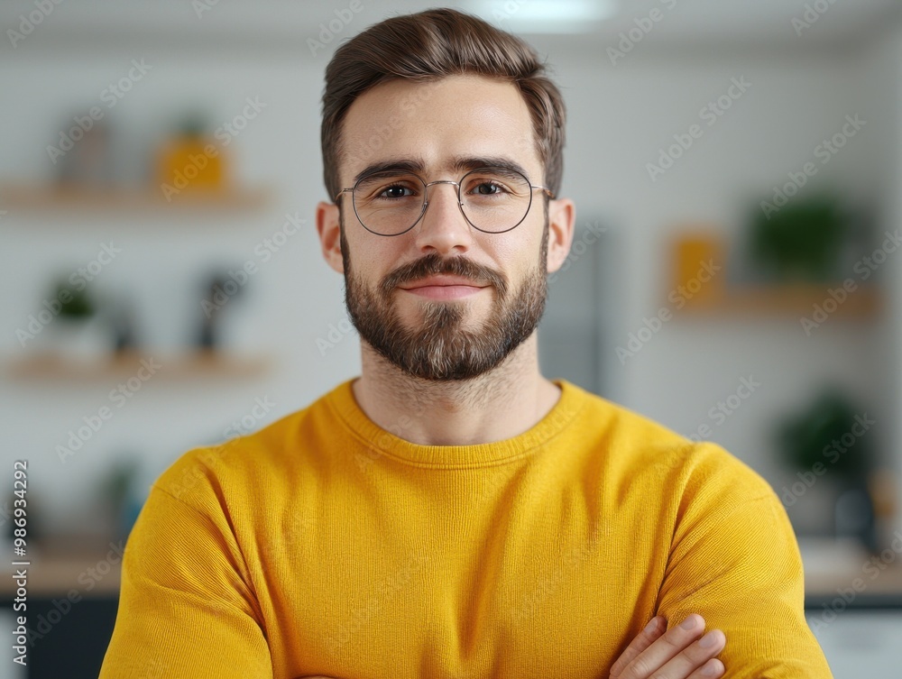 Obraz premium Confident man in glasses and yellow sweater smiles warmly in a cozy indoor setting, conveying approachability and style.