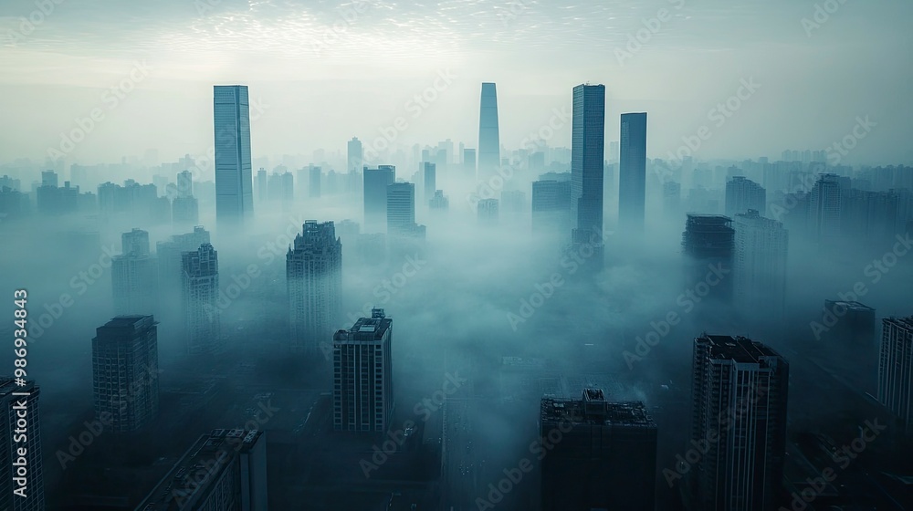 A cityscape with tall buildings partially obscured by a dense layer of smog and the sky appearing dull and grey. The image captures the pervasive nature of PM2.5 pollution. A cityscape with tall buildings partially obscured by a dense layer of smog and the sky appearing dull and grey. The image captures the pervasive nature of PM2.5 pollution.