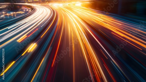 High speed urban traffic on a city highway during evening rush hour, car headlights and busy night transport captured by motion blur lighting effect and abstract long exposure photography.