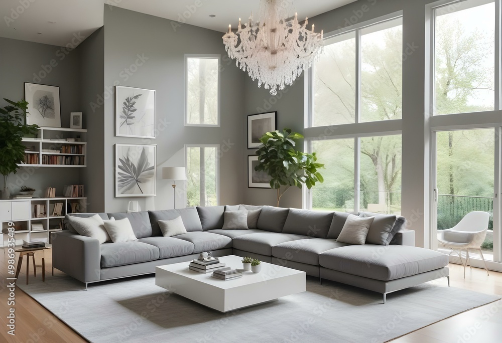 Fototapeta premium A modern and minimalist living room with a large gray sectional sofa, a white coffee table with books, and a large white chandelier hanging from the ceiling.