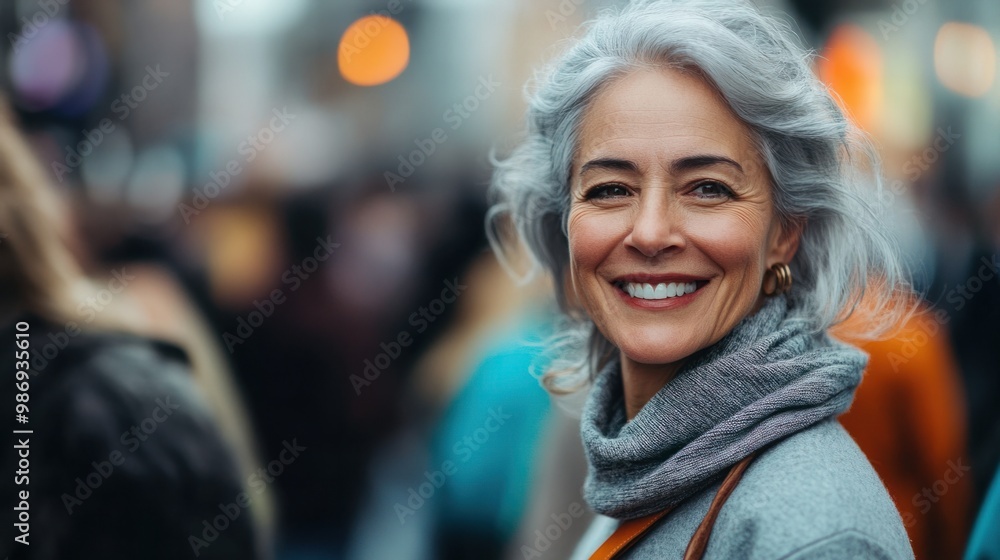 Grey-haired woman attending a community event, engaging with others and participating in activities. Grey-haired woman attending a community event, engaging with others and participating in activities.