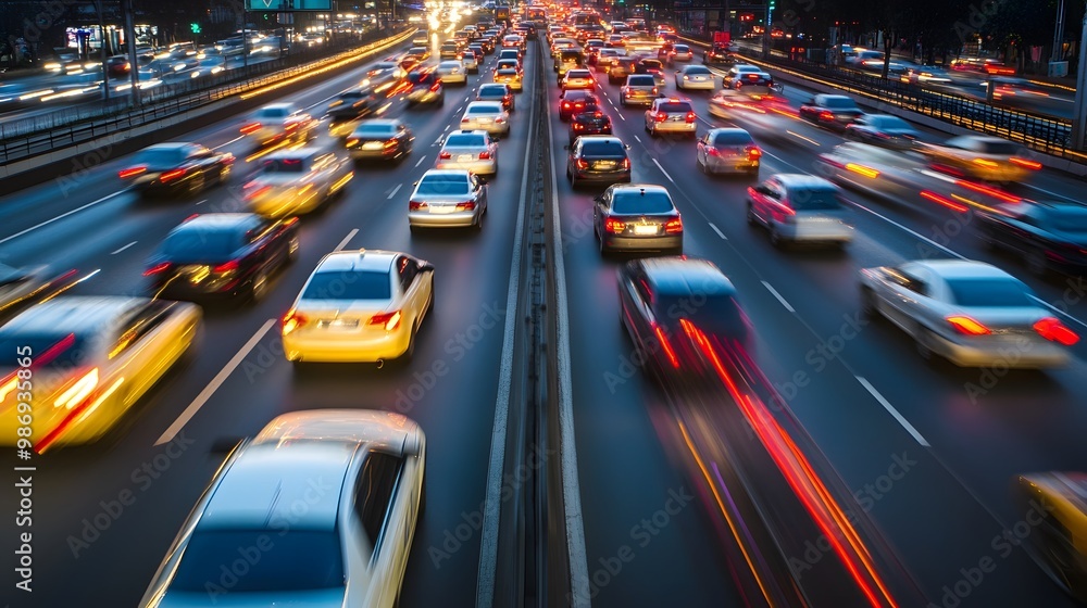 High speed urban traffic on a city highway during evening rush hour, car headlights and busy night transport captured by motion blur lighting effect and abstract long exposure photography. High speed urban traffic on a city highway during evening rush hour, car headlights and busy night transport captured by motion blur lighting effect and abstract long exposure photography.