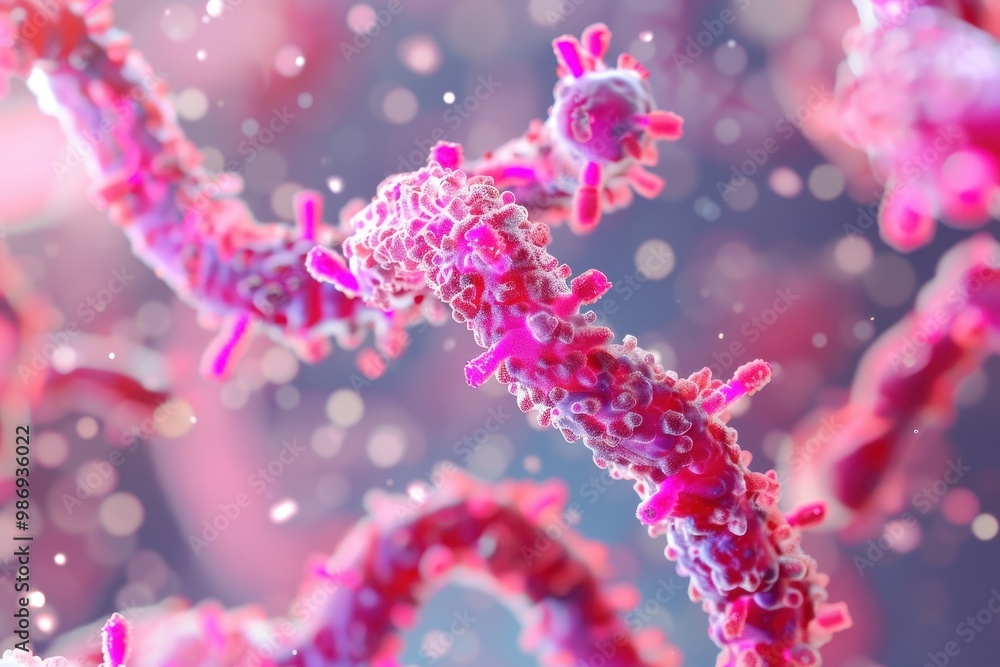 Chromosome Structure Visualization, an intricate 3D representation showcasing the complex architecture and organization of chromosomes within a cellular context, highlighting genetic material. Chromosome Structure Visualization, an intricate 3D representation showcasing the complex architecture and organization of chromosomes within a cellular context, highlighting genetic material.