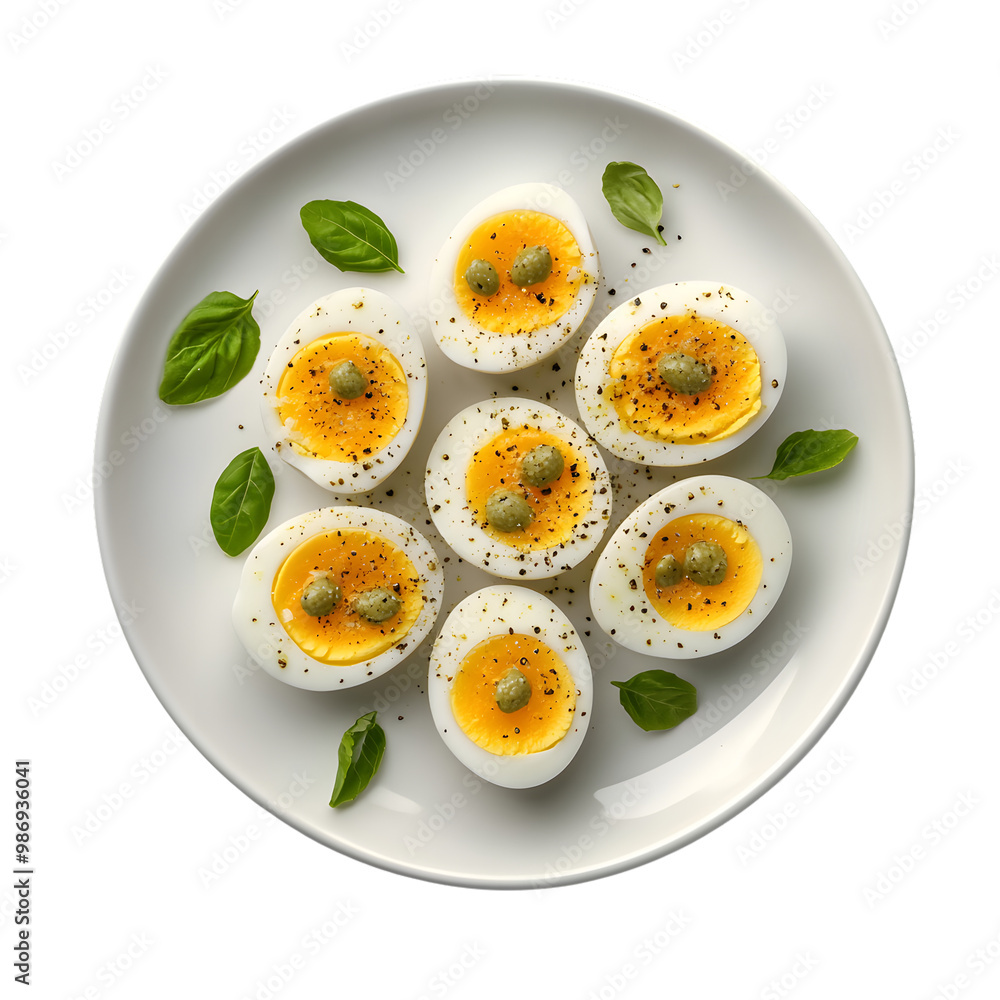 Sliced boiled eggs with capers and basil on a white plate Sliced boiled eggs with capers and basil on a white plate