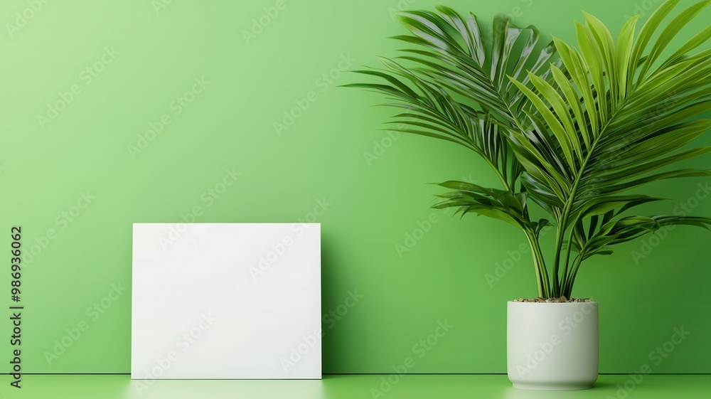 Modern interior with green wall, stylish plant, and blank canvas for decoration. Modern interior with green wall, stylish plant, and blank canvas for decoration.