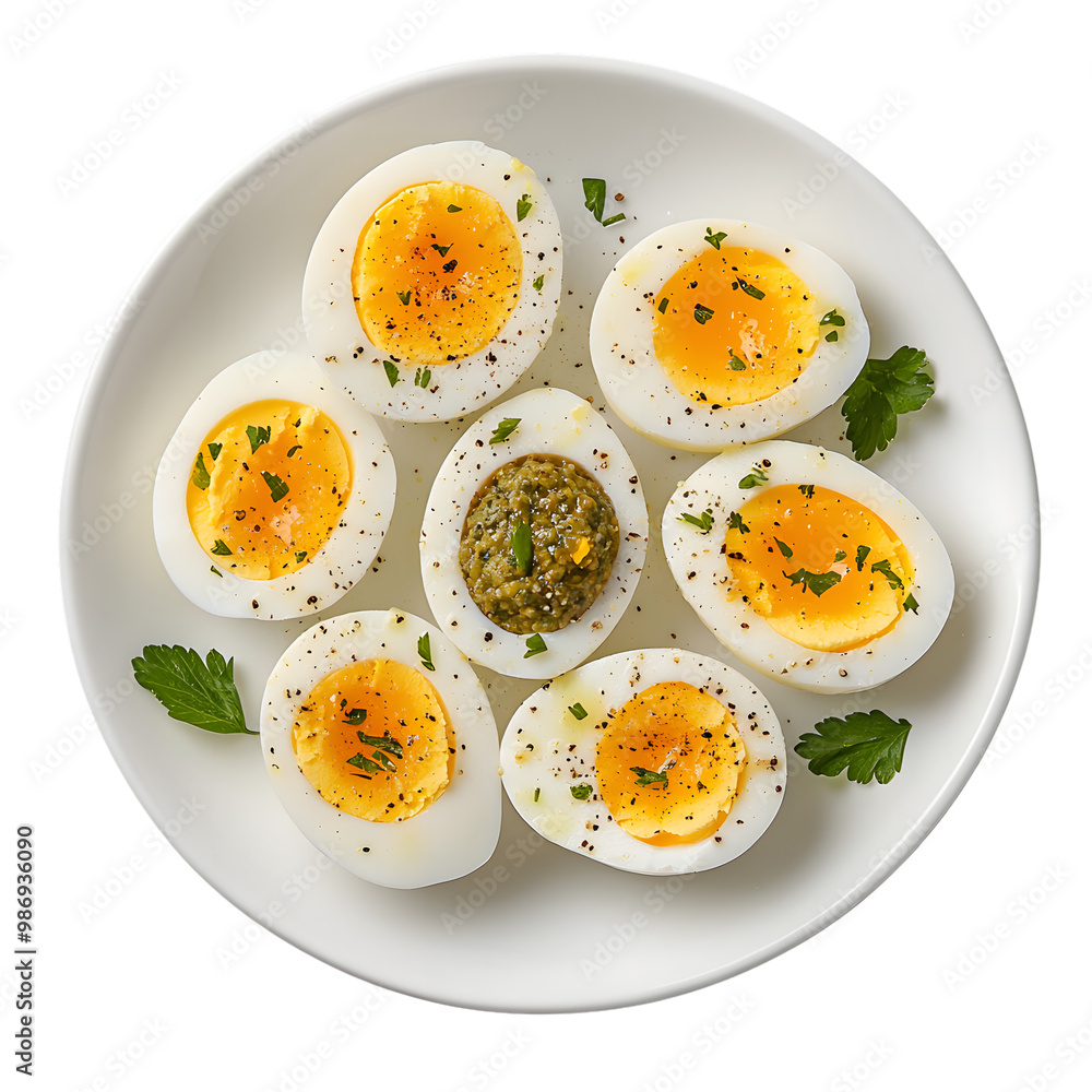 Plate of seasoned boiled eggs with herbs and pesto garnish Plate of seasoned boiled eggs with herbs and pesto garnish