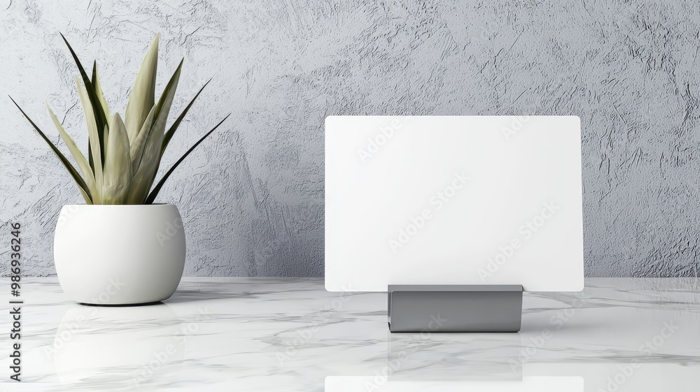 Minimalist workspace featuring a blank sign, a plant in a pot, and a stylish display stand on a marble surface. Minimalist workspace featuring a blank sign, a plant in a pot, and a stylish display stand on a marble surface.