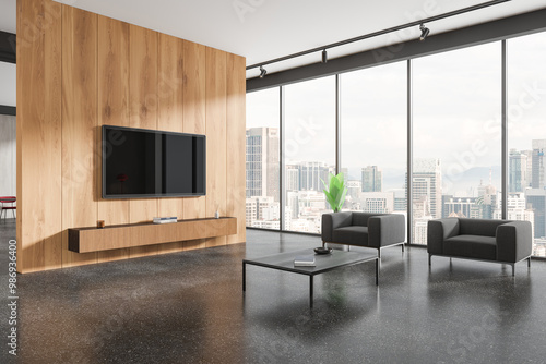 Photography Home living room interior with soft place and tv console, panoramic window