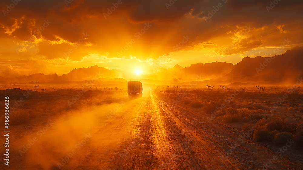 A stunning sunset casts golden rays over a dusty road, creating a tranquil atmosphere in a vast desert landscape. A stunning sunset casts golden rays over a dusty road, creating a tranquil atmosphere in a vast desert landscape.