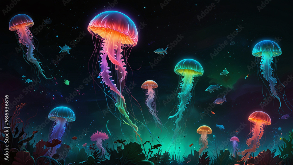 Abstract Sky Scene with Vibrant Jellyfish and Neon Fish in Flight Abstract Sky Scene with Vibrant Jellyfish and Neon Fish in Flight