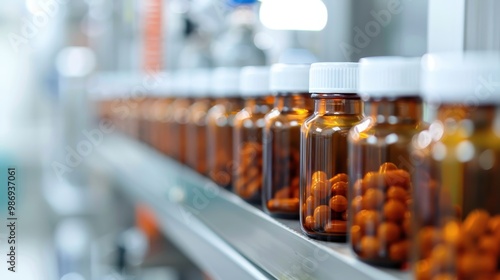 Medicine Bottles in Pharmaceutical Production Facility, organized rows of colorful bottles, sterile environment, high-tech machinery, efficient manufacturing processes, industry innovation