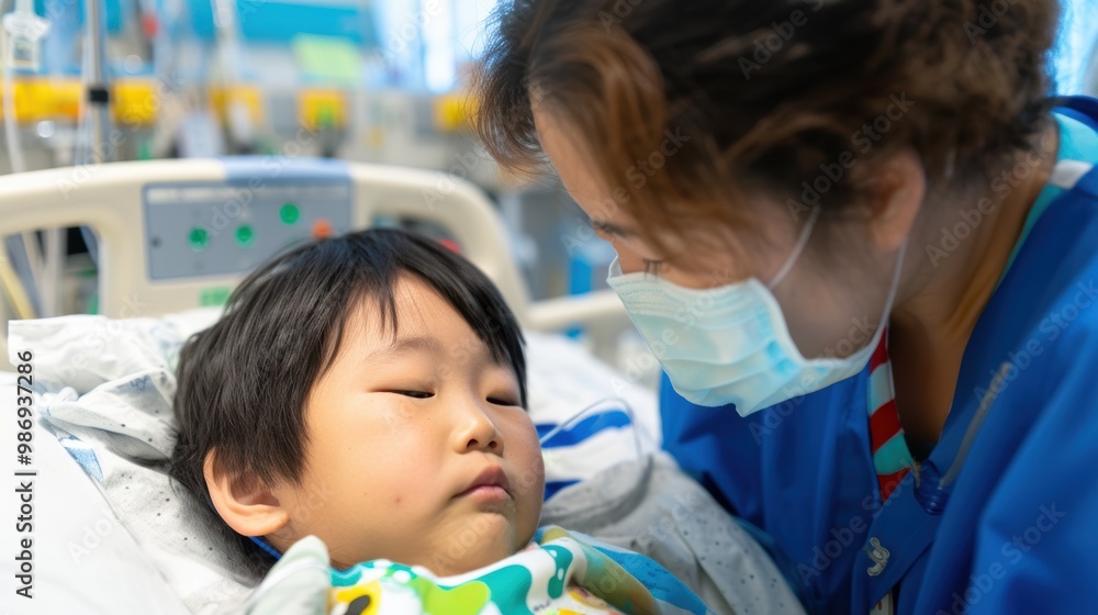 Obraz premium Asian Pediatric Hospital Staff Caring for Young Patients in Medical Setting