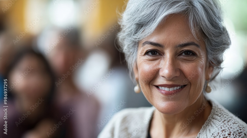 Grey-haired woman with a gentle smile, volunteering at a community center and engaging with people of all ages. Grey-haired woman with a gentle smile, volunteering at a community center and engaging with people of all ages.