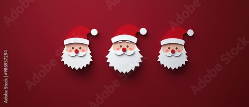 Three Paper Santa Claus Faces on Red Background